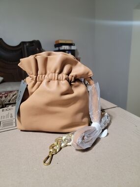 Women's Drawstring Pouch Bag in Camel